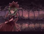  front_ponytail huanxiang_huifeng kagiyama_hina letterboxed nature open_mouth reflection ribbon solo sunset touhou tree water 