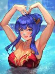  1girl alternate_costume alternate_hairstyle armpits arms_up bare_arms blue_eyes blue_hair breasts caeda_(fire_emblem) commission dancing fire_emblem fire_emblem:_mystery_of_the_emblem fire_emblem:_shadow_dragon_and_the_blade_of_light hair_bun highres large_breasts looking_at_viewer mixed-language_commentary nose_clip ocean one-piece_swimsuit outdoors partially_submerged pool posing r123 red_one-piece_swimsuit single_hair_bun skeb_commission smile solo sparkle swimming swimsuit synchronized_swimming water wet 