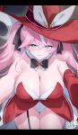  1girl absurdres armpit_crease bare_shoulders blue_eyes bow bowtie breasts cleavage cowboy_shot detached_collar detached_sleeves dress earrings garter_straps grin hair_between_eyes hair_bow hat highres jewelry large_breasts long_hair looking_at_viewer luna_(star_savior) multicolored_hair pink_hair red_dress red_hat serin199 single_detached_sleeve single_garter_strap smile solo star_savior strapless strapless_dress streaked_hair sweat thighs twintails witch_hat 