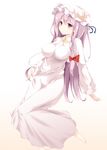  absurdres alternate_color barefoot bow breasts covered_nipples crescent dress fal_maro full_body gradient gradient_background hair_bow hat highres impossible_clothes impossible_shirt large_breasts long_hair patchouli_knowledge purple_eyes purple_hair ribbon shirt simple_background solo touhou 
