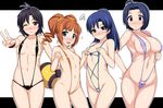  ;3 abs ahoge antenna_hair areola_slip areolae ball bare_shoulders black_hair blue_eyes blue_hair blush breast_conscious breasts collarbone covering covering_breasts crotchless_swimsuit drill_hair flat_chest flying_sweatdrops hand_on_hip hidebou idolmaster idolmaster_(classic) idolmaster_2 kikuchi_makoto kisaragi_chihaya large_breasts letterboxed long_hair miura_azusa multiple_girls navel one_eye_closed open_mouth orange_hair outside_border ponytail pubic_hair purple_eyes pussy short_hair slingshot_swimsuit squiggle sweatdrop swimsuit takatsuki_yayoi thigh_gap twin_drills twintails v wristband 