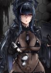  1girl 99_(pixiv_32274219) absurdres bahamut_(nikke) bikini black_bikini black_gloves black_hair black_jacket black_liquid black_necktie bodystocking book breasts bubble commentary covered_collarbone covered_navel cowboy_shot cropped_jacket glasses gloves goddess_of_victory:_nikke grey_hair hair_between_eyes hair_intakes half_gloves highres holding holding_book holding_syringe honeycomb_(pattern) honeycomb_background horns jacket korean_commentary large_breasts latex_bikini liquid_clothes long_hair mole mole_under_mouth multicolored_hair necktie open_clothes open_jacket parted_lips ponytail pubic_tattoo red_eyes see-through_cleavage see-through_clothes sidelocks solo standing suggestive_fluid swimsuit syringe tattoo underbust very_long_hair 