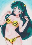  1girl absurdres alien animal_print aqua_hair bare_arms bare_legs bare_shoulders bikini blue_background blue_eyeliner blue_eyes blush breasts chikoto_(kztc4472) cleavage closed_mouth collarbone commentary cone_horns cowboy_shot curled_fingers eyeliner fur_bikini gradient_background groin hands_up highres horns legs_together long_hair looking_at_viewer lum makeup medium_breasts navel oni pointy_ears print_bikini smile solo split_mouth standing stomach strapless strapless_bikini swept_bangs swimsuit tiger_panties tiger_print traditional_media two-tone_background urusei_yatsura white_background yellow_bikini yellow_horns 