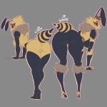 antennae_(anatomy) anthro anus arthropod arthropod_abdomen bee bent_over big_breasts big_butt black_body black_sclera blue_eyes breasts butt clothing duo eyelashes female footwear genitals grey_background hi_res high_heels hymenopteran insect looking_at_viewer looking_back looking_back_at_viewer lovedeadman neck_tuft non-mammal_breasts nude pupils rear_view shoes simple_background slit_pupils stinger thick_thighs tuft vulva wide_hips yellow_body