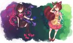  animal_ears bad_id bad_pixiv_id bespectacled black_dress black_hair bottle brown_hair clog_sandals dress futatsuiwa_mamizou glasses houjuu_nue leaf multiple_girls raccoon_ears raccoon_tail red_eyes star tail thighhighs touhou wings yellow_eyes zettai_ryouiki 