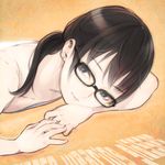  black_hair blue_eyes camisole close-up face glasses hands looking_at_viewer lying on_stomach original shiohara_shin'ichi solo 