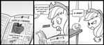  apple applejack_(mlp) black_and_white cat comic derpy_hooves_(mlp) dialog english_text equine feline female feral frankie_foster friendship_is_magic fruit hair hasbro hat horse human madmax mammal monochrome my_little_pony newspaper orange_(fruit) pony table text 