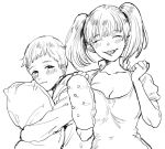 1boy 1girl bangs blush breasts character_request cleavage closed_mouth commentary_request copyright_request dress eyes_closed greyscale grin long_sleeves looking_at_viewer mellow_rag monochrome pillow pillow_hug short_sleeves short_twintails smile twintails 