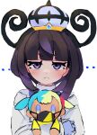  1girl black_hair blue_gloves blunt_bangs blush bob_cut canari_plush_(pokemon) character_doll closed_mouth coat doll gloves gradient_hair gwynn_(pokemon) hat highres holding holding_doll long_sleeves looking_at_viewer multicolored_hair nononozora1107 pokemon pokemon_legends:_z-a purple_eyes purple_hair short_hair solo upper_body white_background white_coat 