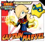  1girl absurdres blonde_hair blue_bodysuit blue_eyes bodysuit breasts captain_marvel captain_marvel_(cosplay) comic_cover cosplay eternalflamebry gloves hair_over_one_eye highres long_hair luma_(mario) mario_(series) marvel medium_breasts multicolored_bodysuit red_bodysuit red_gloves rosalina striped_bodysuit superhero_costume 