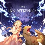  1boy 1girl absurdres black_sclera blonde_hair blue_eyes blue_fire breasts brown_gloves colored_sclera commentary constricted_pupils copyright_name double-parted_bangs dragon dress english_commentary fangs fire gloves grey_hair hair_between_eyes highres long_hair lydialing_draws open_mouth scared scrape short_sleeves single_glove teeth the_ink_apprentice white_dress wide-eyed 