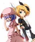  alternate_costume ascot blonde_hair blue_hair bow dr._cryptoso green_eyes hair_bow hair_ribbon hat highres kagamine_rin md5_mismatch multiple_girls red_eyes remilia_scarlet ribbon short_hair skirt smile touhou twintails vocaloid 