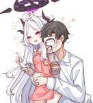 1boy 1girl absurdres alternate_costume apron black_halo blue_archive blush breasts couple demon_horns doodle_sensei_(blue_archive) halo hetero highres hina_(blue_archive) horns hug long_hair open_mouth peroronti pink_apron sensei_(blue_archive) small_breasts very_long_hair white_background white_hair 