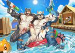 1_horn 2024 4_toes abs anthro arm_around_back balls blue_body blue_eyes blue_fur blue_sky blush bodily_fluids canid canine canis claws cloud cum cumshot domestic_dog duo ejaculation erection eye_contact eye_scar facial_scar feet finger_claws foot_in_water fur genital_fluids genitals grey_body grey_fur hair hindpaw holding_object holding_toy holding_toy_gun holding_water_gun horn looking_at_another lugerdius male male/male mammal multicolored_body multicolored_fur musclegut muscular muscular_anthro muscular_male muscular_thighs navel nipples nude obliques open_mouth orange_stripes outside pawpads paws pecs penis pink_pawpads plant pool pool_float purple_stripes scar shrub sky smile stripes summer sun toe_claws toes toy toy_gun traver009 vein veiny_muscles veiny_penis water_drop water_gun white_body white_fur white_hair wolf wristband yellow_eyes