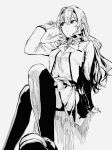  1girl arm_at_side artist_name bow bowtie breast_pocket breasts closed_mouth crossed_legs feet_out_of_frame from_below grey_background greyscale hair_between_eyes hairband hand_up hatching_(texture) highres holding holding_own_hair invisible_chair jacket linear_hatching long_hair long_sleeves looking_ahead looking_to_the_side medium_breasts miniskirt monochrome open_clothes open_jacket pleated_skirt pocket saijou_claudine school_uniform seishou_music_academy_uniform shoes shoujo_kageki_revue_starlight shozoku sidelocks sideways_glance signature simple_background sitting skirt solo thighhighs wavy_hair 