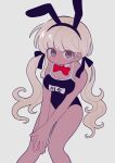  1girl :&lt; alternate_hairstyle animal_ears black_hairband black_one-piece_swimsuit blonde_hair blush bow bowtie breasts cleavage closed_mouth commentary_request dark-skinned_female dark_skin detached_collar eyelashes fake_animal_ears grey_background grey_eyes hairband highres kawana_tsubasa kndp087 long_hair medium_breasts mole mole_under_mouth one-piece_swimsuit playboy_bunny_swimsuit rabbit_ears red_bow red_bowtie school_swimsuit simple_background solo swimsuit teardrop the_hundred_line_-last_defense_academy- twintails very_long_hair 