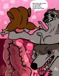  abstract_background addison_(frisky_ferals) angry animal_genitalia animal_penis avian bird blitzdrachin canid canine canine_penis canis comic devon_(frisky_ferals) dialogue english_text erection internal knot mammal muscular penis sex text what wolf 