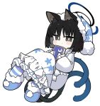  1girl animal_ear_fluff animal_ears black_hair blue_archive blue_hat blue_slippers blush_stickers book cat_ears cat_girl cat_tail chibi closed_mouth commentary_request crescent dress frilled_dress frilled_sleeves frills full_body fur-trimmed_headwear fur-trimmed_slippers fur_trim grey_eyes halo hat holding holding_book kikyou_(blue_archive) long_sleeves looking_at_viewer miranofuudoria multiple_tails nightcap pantyhose puffy_long_sleeves puffy_sleeves simple_background slippers solo striped_clothes striped_pantyhose tail two_tails white_background white_dress 