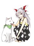  barefoot bow contemporary dog fujiwara_no_mokou hair_bow long_hair one_eye_closed open_mouth overalls petting red_eyes ribbon silver_hair sitting solo squatting suspenders touhou yomoneko 