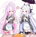  1boy 2girls absurdres ahoge apron black_dress black_halo black_thighhighs blue_archive blue_eyes blush breasts demon_horns demon_wings doodle_sensei_(blue_archive) dress garter_straps hair_between_eyes halo heart heart_hands highres hina_(blue_archive) horns hoshino_(blue_archive) long_hair long_sleeves looking_at_viewer love_triangle maid_apron maid_headdress multiple_girls open_mouth peroronti pink_hair pink_halo purple_eyes sensei_(blue_archive) small_breasts standing thigh_strap thighhighs thighs very_long_hair waist_apron white_apron white_background white_hair wings yellow_eyes 
