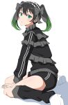  1girl absurdres black_bow black_hair black_jacket black_leg_warmers black_shorts bow commentary frilled_jacket frills full_body gradient_hair green_hair hair_bow highres jacket jersey_maid leg_warmers long_sleeves love_live! love_live!_nijigasaki_high_school_idol_club maid maid_headdress medium_hair multicolored_hair official_alternate_costume shoes short_shorts shorts sitting solo takasaki_yu track_jacket twintails uchuu_no_mozuku unconventional_maid wariza white_shoes 