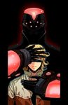  bad_id bad_pixiv_id barnaby_brooks_jr blonde_hair blue_eyes covering_face glasses glowing glowing_eyes jacket male_focus multiple_boys power_armor red_jacket sashimi555 spoilers superhero tiger_&amp;_bunny wild_tiger 