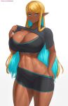  1girl abs aqua_eyes aqua_hair bike_shorts black_sports_bra blonde_hair breasts bursting_breasts cleavage clothes_lift clothes_pull colored_inner_hair commentary covered_nipples cowboy_shot crop_top dark-skinned_female dark_skin hadairu_koseiri_(dsv) hand_on_own_hip highres huge_breasts lifting_own_clothes multicolored_hair narrow_waist original pointy_ears shirt shirt_lift shorts shorts_pull smile solo sports_bra superbusty swept_bangs t-shirt thick_thighs thighs two-tone_hair web_address 