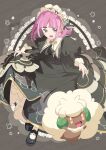  1girl arched_bangs black_dress brown_eyes dress hair_ornament hairclip headdress highres juliet_sleeves lacey_(fall_2025)_(pokemon) lacey_(pokemon) long_sleeves looking_at_viewer maid maid_headdress official_alternate_costume open_mouth pink_hair pokemon pokemon_(creature) pokemon_masters_ex puffy_sleeves serizawa_serizane short_hair smile whimsicott white_headdress 