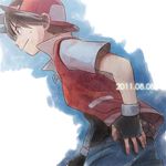  2011 backwards_hat baseball_cap black_hair dated denim fingerless_gloves gloves hat jeans male_focus pants poke_ball pokemon pokemon_special pokipoki red_(pokemon) simple_background smile solo sweatdrop waist_poke_ball white_background 