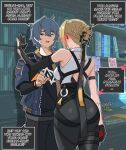  1boy 1girl ass asymmetrical_gloves bare_shoulders black_pants blonde_hair blush bookshelf commentary cowboy_shot ear_blush elbow_gloves english_text evelyn_chevalier forced_smile from_behind gloves grey_hair hair_up half_gloves hetero high-waist_pants highres kabedon kulojawa pants short_hair single_elbow_glove single_half_glove speech_bubble tight_clothes tight_pants wise_(zenless_zone_zero) you_gonna_get_raped zenless_zone_zero 