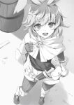  1girl animal_ears barrel belt belt_pouch braid capelet fingerless_gloves flipped_hair from_above full_body gauntlets gloves greyscale hair_between_eyes hand_on_own_chest hand_up horn_(isekai_maou) isekai_maou_to_shoukan_shoujo_no_dorei_majutsu knee_guards long_sleeves looking_at_viewer medium_hair monochrome novel_illustration official_art open_mouth pantyhose pouch rabbit_ears rabbit_girl shirt shoes short_shorts shorts sidelocks single_braid smile solo standing teeth third-party_source tsurusaki_takahiro upper_teeth_only 