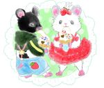 2019 absurd_res accessory alternative_fashion ambiguous_gender anthro black_body black_eyes black_fur bottomwear bow_accessory clothed clothing cricetid dress duo eating female feral food frilly fruit fur hamster hi_res hoodie mammal plant ribbons rodent semi-anthro shorts sibaketsu simple_background skirt strawberry topwear whiskers white_body white_fur