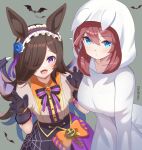  1girl 2girls animal_ears bat_(animal) bat_wings black_gloves blue_eyes blue_flower blue_rose blush bow breasts brown_hair claw_pose fangs flipped_hair flower frilled_hairband frills ghost_costume gloves hair_between_eyes hair_over_one_eye hairband halloween halloween_costume hood hood_up horse_ears horse_girl jack-o&#039;-lantern_ornament lace-trimmed_gloves lace_trim large_breasts long_hair looking_at_viewer mihono_bourbon_(ghosty_and_the_magic_of_halloween)_(umamusume) mihono_bourbon_(umamusume) multiple_girls official_alternate_costume open_mouth puffy_short_sleeves puffy_sleeves purple_eyes purple_wings rice_shower_(make_up_vampire!)_(umamusume) rice_shower_(umamusume) rose shirt short_sleeves simple_background skirt smile umamusume under_hoshizora vampire_costume white_shirt wings 