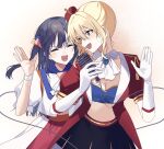  2girls :d ^_^ arched_crown ascot black_hair black_skirt blonde_hair bow bowtie breasts brown_background burn!!_(love_live!) circle_of_love_(love_live!) cleavage closed_eyes coat commentary cowboy_shot crown double-parted_bangs elbow_gloves gloves gradient_background hashtag-only_commentary highres lone_nape_hair long_hair love_live! love_live!_nijigasaki_high_school_idol_club love_live!_nijigasaki_high_school_idol_club_the_movie_-_finale medium_breasts mini_crown miyashita_ai monigiri_(sstsmock) multiple_girls official_alternate_costume one_side_up open_clothes open_coat open_mouth orange_eyes puffy_short_sleeves puffy_sleeves radial_gradient_background red_coat red_crown red_skirt shirt short_sleeves side_ponytail skirt smile stomach tilted_headwear v-shaped_eyebrows white_ascot white_bow white_bowtie white_gloves white_shirt yuki_setsuna 