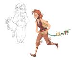 1girl basket breasts brown_choker brown_pants brown_sandals brown_tank_top choker food fruit full_body greekceltic green_eyes jacky_(greekceltic) multiple_persona orange_hair original pants ponytail sandals simple_background smile solo tail tank_top white_background 