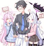  1boy 2girls absurdres ahoge alternate_costume black_halo black_skirt black_thighhighs blue_archive blue_eyes blue_hoodie blush demon_horns demon_wings double_arm_hug halo heart hetero heterochromia highres hina_(blue_archive) hood hoodie horns hoshino_(blue_archive) jealous long_hair looking_at_another love_triangle multiple_girls open_mouth peroronti pink_hair pink_halo purple_eyes sandwiched skirt spoken_heart thighhighs very_long_hair white_hair wings yellow_eyes 