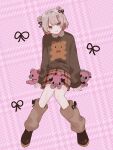  1girl :3 alternate_costume alternate_hairstyle animal_print bear_print black_ribbon blush bob_cut bow_legwear brown_leg_warmers brown_shoes brown_skirt brown_sweater closed_mouth clothes_writing colored_inner_hair double_bun fang frilled_shirt_collar frills full_body grey_hair hair_bun hair_ornament hair_ribbon hairclip highres invisible_chair leg_warmers long_sleeves looking_at_viewer makaino_ririmu medium_hair miniskirt multicolored_hair new_s_w24 nijisanji pink_background pink_hair pink_streaks plaid_clothes plaid_skirt pointy_ears red_eyes ribbon round_collar shoes side_up_bun sidelocks sitting skirt sleeves_past_wrists solo streaked_hair stuffed_animal stuffed_toy sweater teddy_bear two-tone_hair upturned_eyes virtual_youtuber 