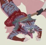 5_fingers axe bisected blood blood_on_body blood_stain blush bodily_fluids chuchochi chuchochi_(character) clothing cut_in_half disembowelment domestic_cat execution eyebrows felid feline felis fingers flushed fur fuzzy gasp gloves gore green_eyes green_sclera grey_body grey_fur guts handwear hi_res imminent_death inner_ear_fluff intestines male mammal multicolored_body multicolored_fur nude on_ground open_mouth organs pawpads pink_ears pink_nose pink_pawpads pink_tongue purple_body purple_fur red_body red_fur red_stripes severed_body_part shadow solo stripes tail teeth tongue tongue_out tuft white_body white_eyebrows white_fur