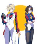  2boys alternate_costume animal_ears arm_strap black_pantyhose blonde_hair blue_bow blue_bowtie blue_vest bow bowtie brown_hair cowboy_shot crossed_arms curly_hair eyepatch fang florian_brand ganfanlaoguowanghaimouren gloves hair_intakes half-closed_eyes hand_on_cane hat highres holding holding_unworn_clothes holding_unworn_hat identity_v looking_at_viewer lop_rabbit_ears male_focus matthias_czernin multiple_boys necktie one_eye_closed pants pantyhose puffy_sleeves rabbit_ears rabbit_tail red_eyes red_gloves red_shirt shirt single_glove skindentation smirk striped_clothes striped_shirt tail thigh_strap two-tone_vest unworn_hat unworn_headwear vest wavy_hair white_pants white_vest wristband yellow_eyes yellow_necktie 