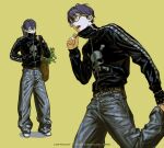  1boy 3: :/ alternate_costume baggy_pants belt belt_buckle black_gloves black_jacket black_shoes blue_pants brown_bag brown_belt buckle carrot converse copyright_notice dated denim fashion fingerless_gloves food from_below glasses gloves gold_buckle green_background green_eyes hand_in_pocket highres holding_strap jacket jeans kenmochi_touya male_focus multicolored_shoes multiple_views nijisanji open_mouth pants pout print_jacket punk purple_hair running shoes short_hair sishuiloe_1994 skull_print sneakers track_jacket turtleneck turtleneck_jacket twitter_username two-tone_shoes v-shaped_eyebrows vegetable weapon_bag white_shoes zipper zipper_pull_tab 