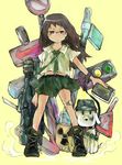  adapted_costume alulu bandaid bandaid_on_knee bazooka belt black_hair blouse book boots brown_eyes camouflage commentary dog glasses highres long_hair messy_hair minakami_mai miniskirt necktie nichijou oguri_cap_(nichijou) pleated_skirt radiation_symbol sign skirt standing weapon 