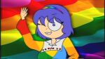  1980s_(style) derivative_work grin hand_up headband highres mellodoodles one_eye_closed parody purple_eyes purple_hair rainbow rainbow_dress rainbow_flag rainbow_headwear retro_artstyle smile tenkyuu_chimata touhou 