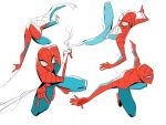  1boy bodysuit dingnin98201637 hashtag-only_commentary male_focus marvel multicolored_bodysuit multiple_views outstretched_arms sketch spider-man spider-man:_across_the_spider-verse spider-man_(series) spider-verse spider_web_print superhero_costume white_background 