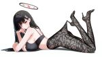 1girl absurdres alternate_costume ass black_hair black_halo black_pantyhose black_shoes blue_archive breasts bright_pupils floral_print_pantyhose from_side hair_ornament hairclip halo high-waist_pantyhose high_heels highres hooked_on_heel lace lace_pantyhose lace_pantyhose_hooked_on_heel_(meme) large_breasts long_hair looking_at_viewer lying meme millennium_science_school_logo mizikayo multicolored_halo on_stomach pantyhose pantyhose_tug red_eyes rio_(blue_archive) shoes simple_background solo strappy_heels the_pose two-tone_halo white_background white_pupils 