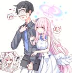  2girls absurdres arm_hug black_shirt blue_archive blue_bow blue_necktie bow bowtie breasts collared_shirt couple demon_horns demon_wings doodle_sensei_(blue_archive) dress feathered_wings flower hair_flower hair_ornament halo hetero highres hina_(blue_archive) horns jealous large_breasts long_hair mika_(blue_archive) multiple_girls necktie peroronti pink_hair pink_halo purple_eyes purple_halo sensei_(blue_archive) shirt smile very_long_hair white_background white_dress white_hair white_wings wings yellow_eyes 