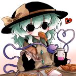  1girl black_eyes black_hat bow burger buttons chicken_(food) chicken_leg collared_shirt cup desk diamond_button disposable_cup drinking_straw eating eyeball fedora food french_fries fried_chicken frilled_shirt_collar frilled_sleeves frills gradient_background green_hair hair_between_eyes hat hat_bow heart heart_of_string heripantomorrow holding holding_burger holding_cup holding_food ketchup komeiji_koishi long_sleeves looking_at_viewer medium_hair mouth_hold shirt sidelocks simple_background solo third_eye touhou upper_body white_background wide_sleeves yellow_bow yellow_shirt 