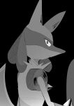  1other absurdres black_background commentary facing_to_the_side grey_eyes grey_fur highres looking_at_viewer lucario monochrome pokemon pokemon_(creature) pokemon_focus shiro_hinageshi solo turning_head upper_body watermark wide-eyed 