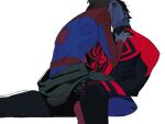  2boys black_hair bodysuit brown_hair clothes_around_waist dingnin98201637 feet_out_of_frame hand_on_another's_chest hand_on_another's_neck hashtag-only_commentary highres invisible_chair jacket jacket_around_waist kiss long_sleeves looking_at_another male_focus marvel multicolored_bodysuit multiple_boys red_eyes short_hair sitting spider-man spider-man:_across_the_spider-verse spider-man_(2099) spider-man_(series) spider-verse yaoi 