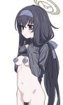  1girl animated animated_gif black_hair black_sweater blue_archive blush breasts brown_halo closed_mouth clothes_lift female_pubic_hair from_side hairband halo heart_pasties highres inverted_nipples lifting_own_clothes long_hair medium_breasts navel pasties pubic_hair purple_eyes purple_hairband removing_pasties simple_background sleeves_past_wrists solo stomach sweater sweater_lift tamaya ui_(blue_archive) very_long_hair white_background 