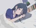  1girl bed bed_sheet bedroom black_hair blue_shirt blush book breasts cactus cleavage collarbone curtains fingernails grey_eyes hand_up head_on_pillow highres hoshino_ichika_(project_sekai) indoors lapels long_fingernails long_hair looking_at_viewer lying on_bed on_side pajamas parted_lips pillow plant potted_plant project_sekai shirt short_sleeves sidelocks solo thick_eyelashes under_covers upper_body yaoi919 